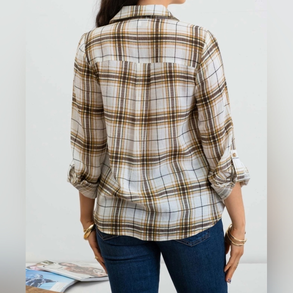 #351 🛑S, M  Boho Plaid Draped Roll Tab Sleeve Top - Picture 2 of 5